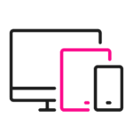 Íconos de un monitor de computadora, tableta y teléfono inteligente en contornos negros y rosas, que representan dispositivos digitales.